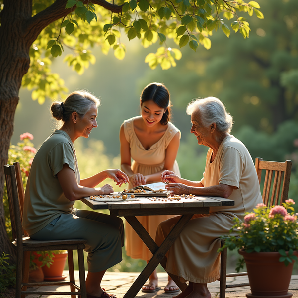 Three generations share a sunny moment playing a board game outdoors at a wooden table.