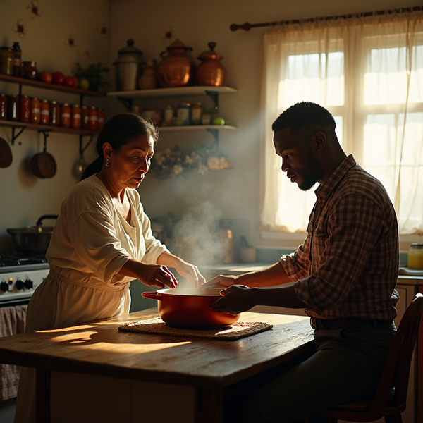 An older woman instructs a younger man while he looks on at a pot of steaming food on a wooden table in a kitchen.