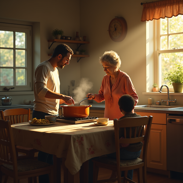 Three generations share a cozy kitchen moment while cooking soup on a stove illuminated by warm sunlight.