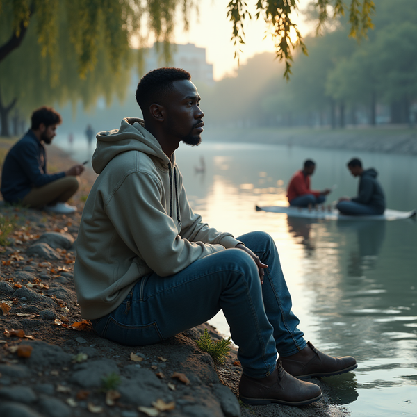 A man sits on a bank overlooking a misty lake, with other people relaxing nearby.
