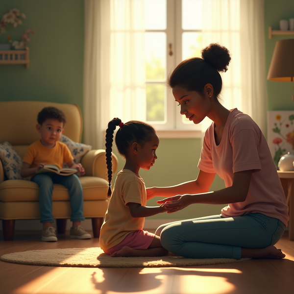 A mother kneels with a young girl holding hands indoors; another child reads nearby.