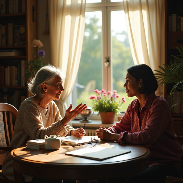 Two women sit across a small table engaged in conversation near a sunlit window with plants.