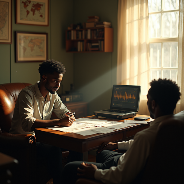 Two men sit at a table reviewing documents while sunlight streams through a window.
