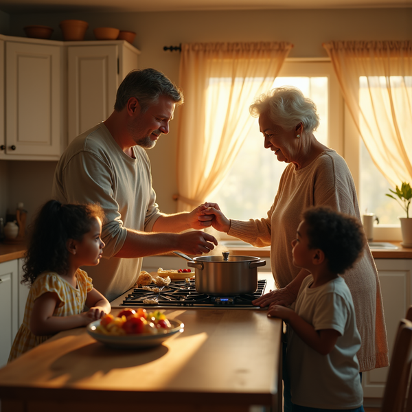 A multigenerational family cooks together at a stove; two young children watch with smiles.