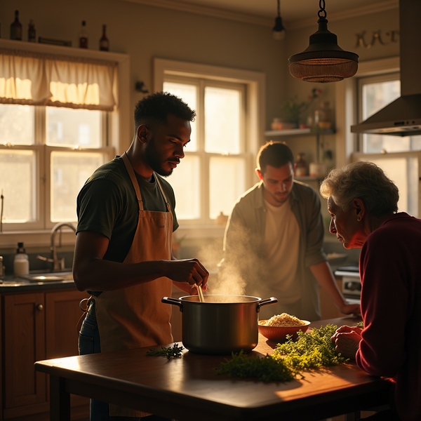 Three generations cook together at a wooden table, steam rising from a pot on the stovetop.