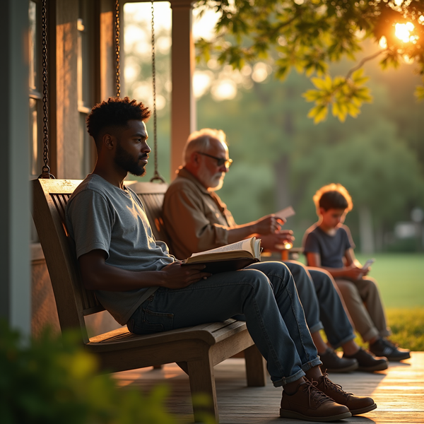 Three generations of men sit on a porch swing, each absorbed in their own books during golden hour.