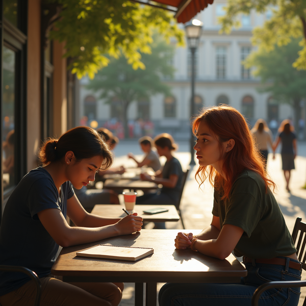 Two young women sit at an outdoor cafe table; one writes in a notebook while the other looks on.
