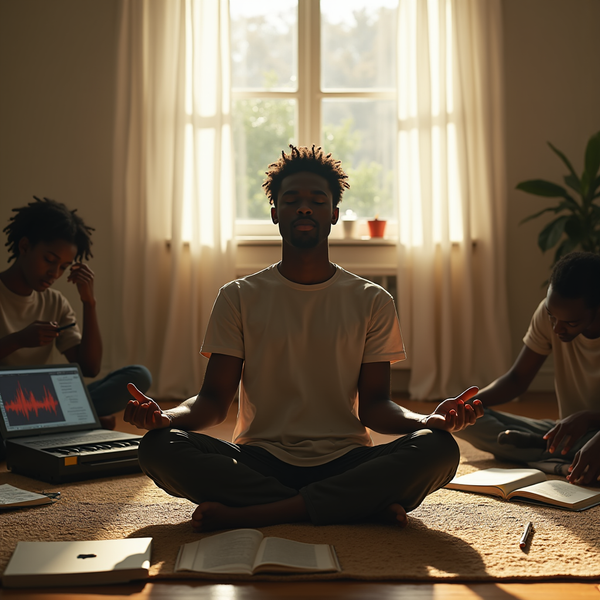 A man meditates cross-legged on a rug as two others work on laptops nearby, bathed in sunlight from a window.