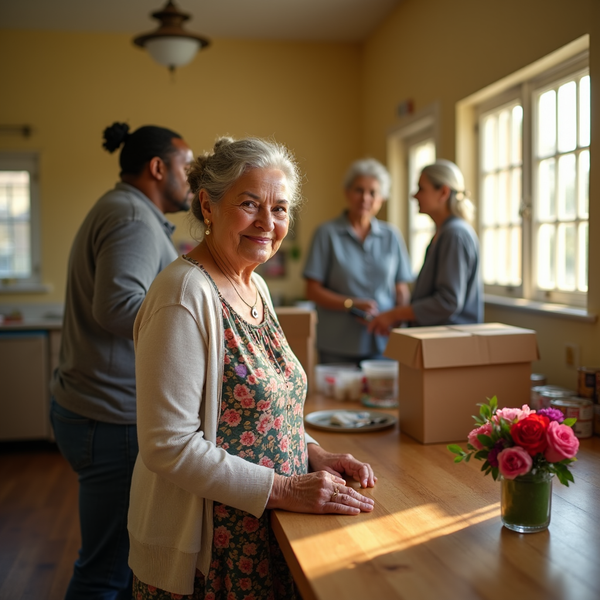 A woman smiles while leaning on a wooden counter with three other people preparing food behind her.
