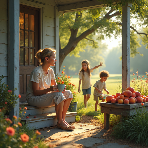 A woman sits on a porch steps holding a mug while two children run through tall grass nearby.