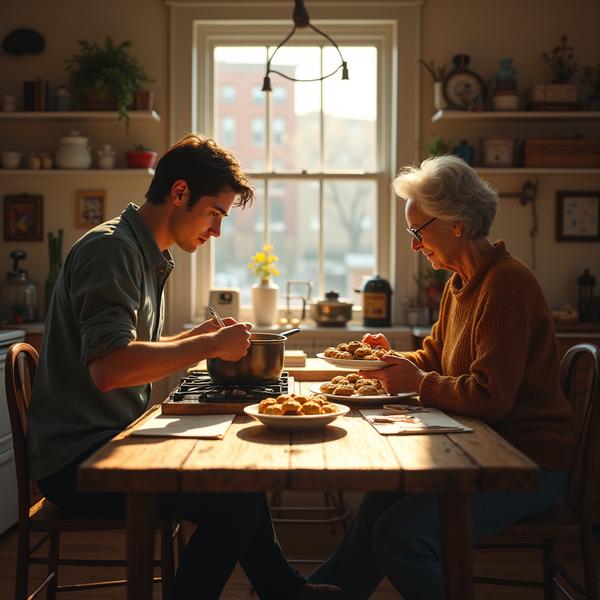 A young man and elderly woman share a meal at a wooden table in a sunlit kitchen.