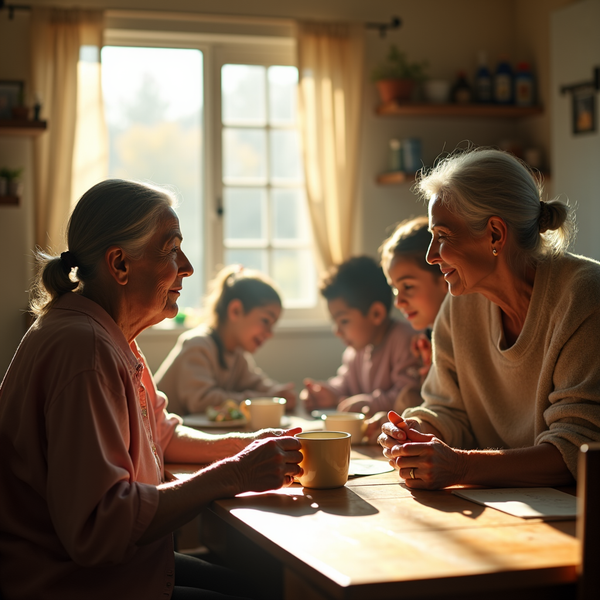 Two elderly women converse at a wooden table while young children eat nearby bathed in warm sunlight.