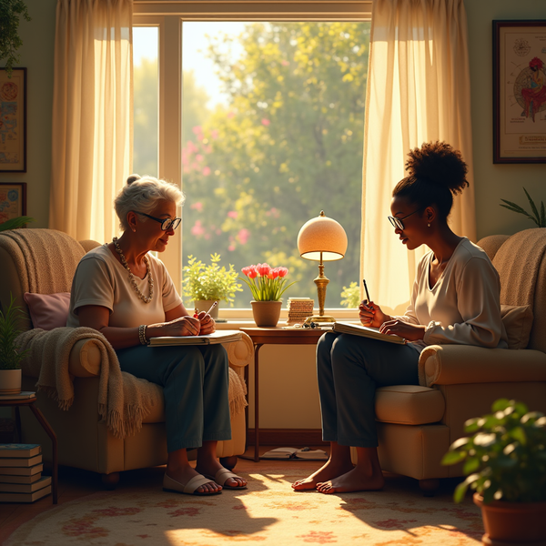 Two women sit across from each other writing in notebooks near a sunlit window with floral curtains.