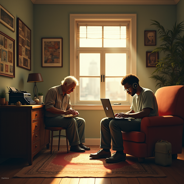 Two men work on separate tasks within a cozy room bathed in warm sunlight filtering through a window.