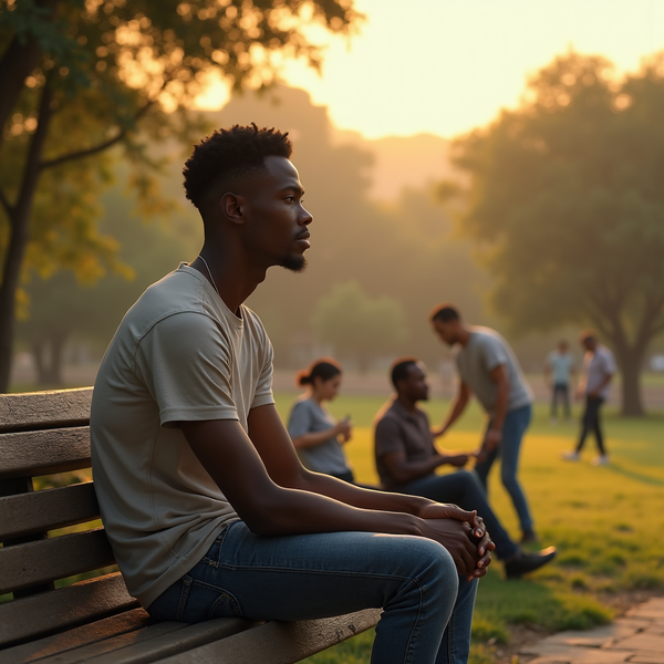 A young man sits on a bench looking away from a group of people in a park at sunset.