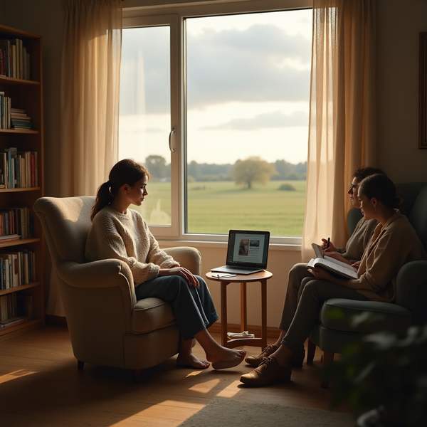 Two women sit facing each other in a warmly lit room with a view of green fields through sheer curtains.