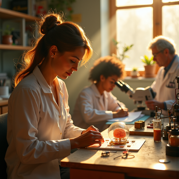 Three scientists work at a lab bench near a window, examining specimens under a microscope and inside a glass dome.