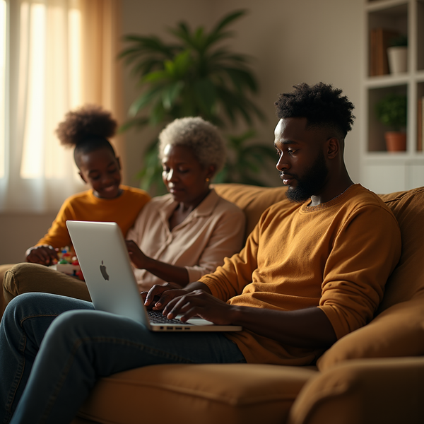 A young man uses a laptop on a sofa next to a woman and child who are playing with blocks.
