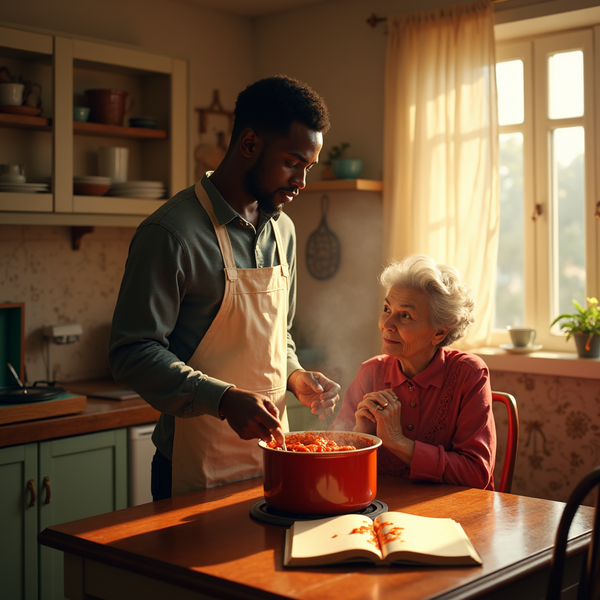 A young man serves pasta from a red pot to an elderly woman at a kitchen table with a cookbook.
