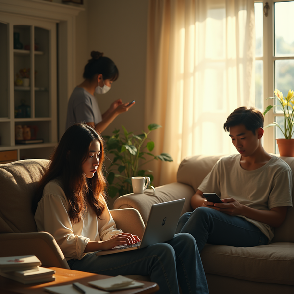 Three people are indoors on a couch, using laptops and phones bathed in warm sunlight from a window.