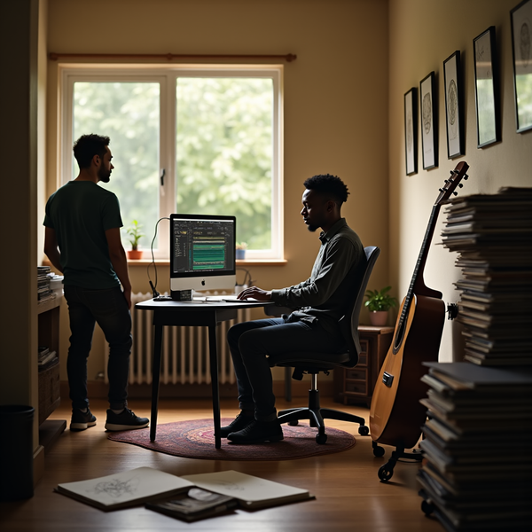 Two men are in a room; one works at a computer near a window and the other stands looking out.