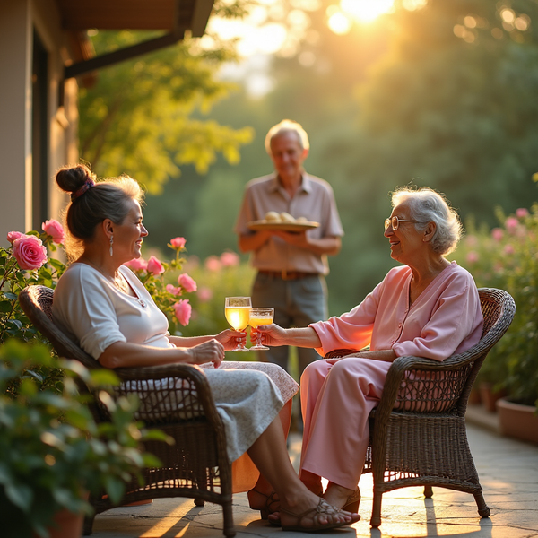 Two women in chairs with wine glasses share a moment outdoors as a man offers snacks nearby during golden hour.