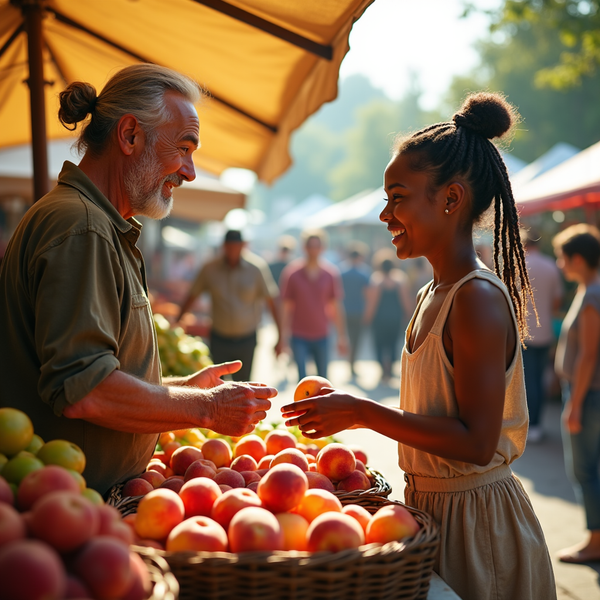 An older man with a beard smiles at a young girl holding a peach at a farmers market stall.