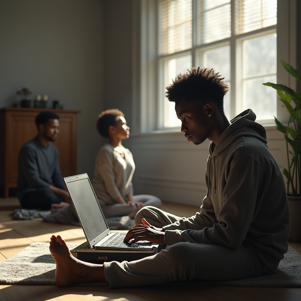 Three young adults sit on a rug; one uses a laptop while the others appear contemplative near a window with sunlight streaming through.