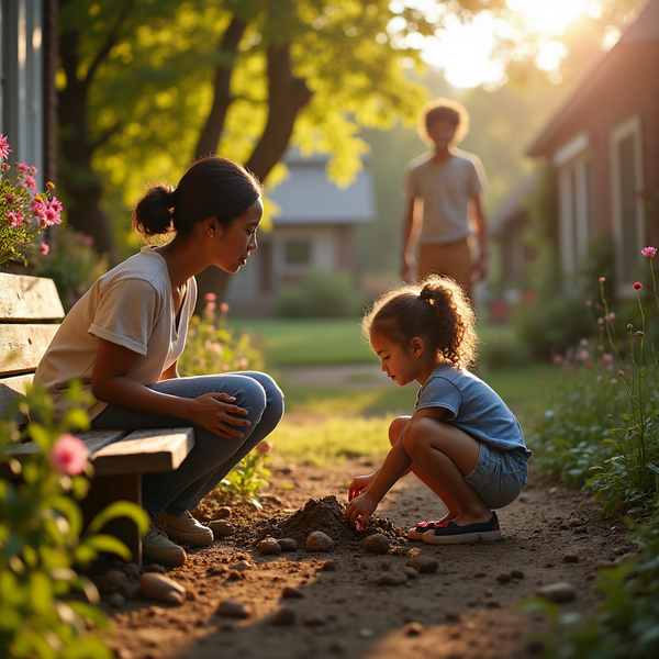 A woman and young girl crouch beside a garden path while a child stands further away in warm sunlight.