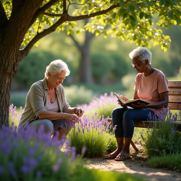 Two older women sit on a park bench under a tree, one examining lavender and the other reading a book.