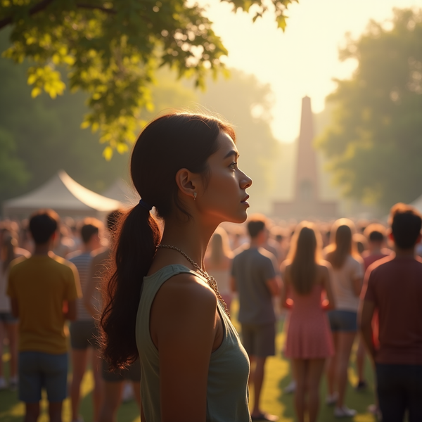 A young woman with long hair profiles against a crowd and warm sunset glow.