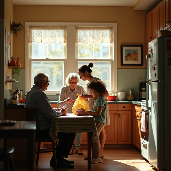 Four generations share a kitchen moment as an older woman pours snacks for a young girl and boy at a table.