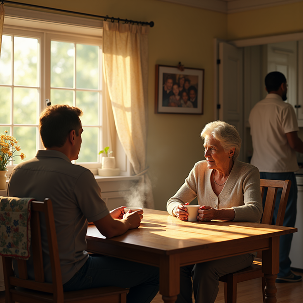 Two generations converse at a wooden table bathed in warm sunlight; a framed family portrait hangs on the wall behind them.