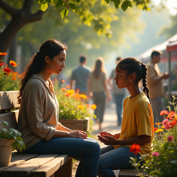 Two women sit on a wooden bench surrounded by flowers in an outdoor setting.