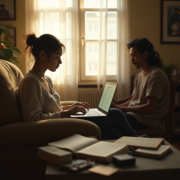 Two people sit on a couch with a laptop and books, bathed in warm sunlight from a large window.