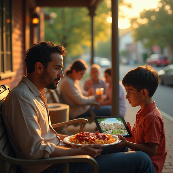 A man and young boy share a plate of pasta while looking at an iPad displaying building architecture.