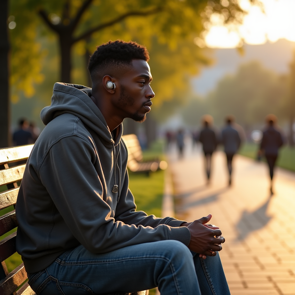 A man wearing a hoodie sits on a park bench with earbuds, gazing into the distance during golden hour.