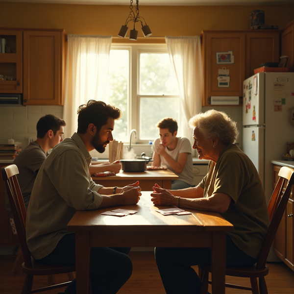 Four people sit at a wooden kitchen table, engaged in conversation with an older woman.