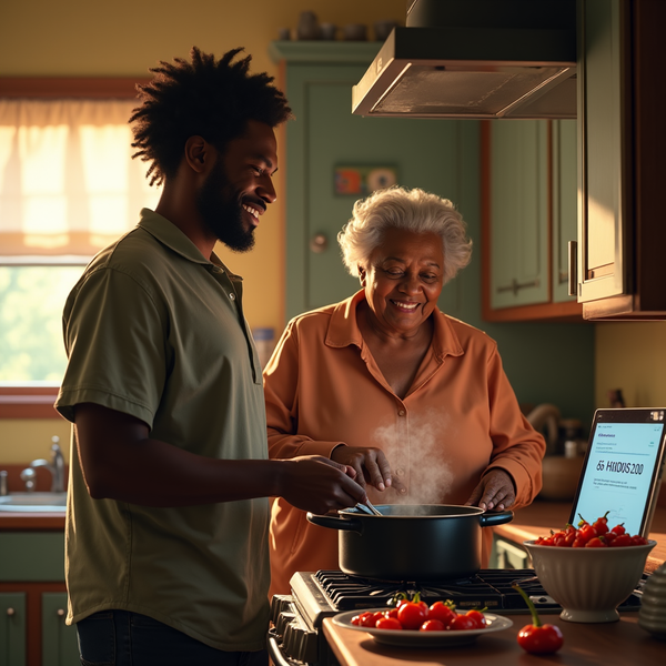 Two generations of Black individuals smile while cooking together in a bright kitchen.