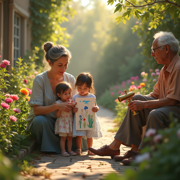 A woman, two toddlers, and an elderly man sit amidst lush flowers; one toddler holds a botanical illustration.