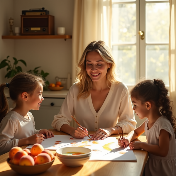 A woman smiles while drawing with two young girls at a wooden table filled with fruit and artwork.