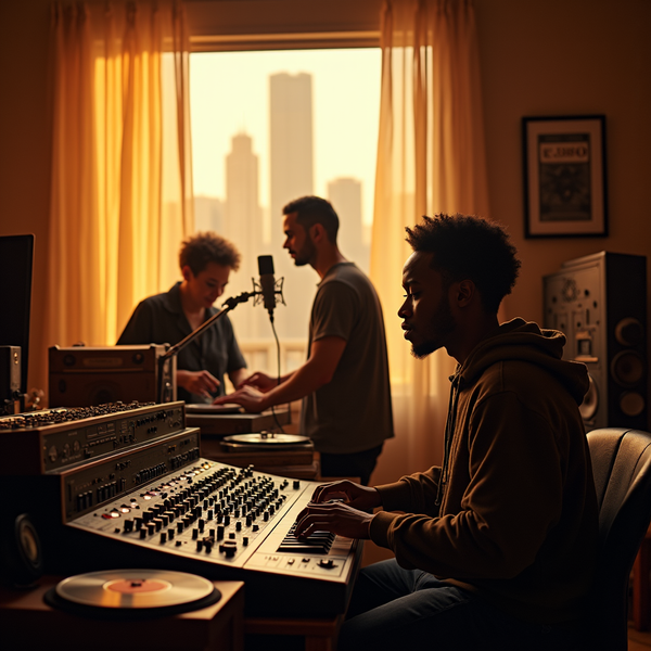 Three young men record music in a studio with city lights visible through sheer curtains behind them.