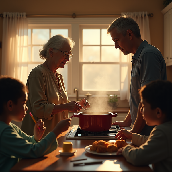 An older woman stirs a pot on a stove as a man and two children watch attentively at a table.