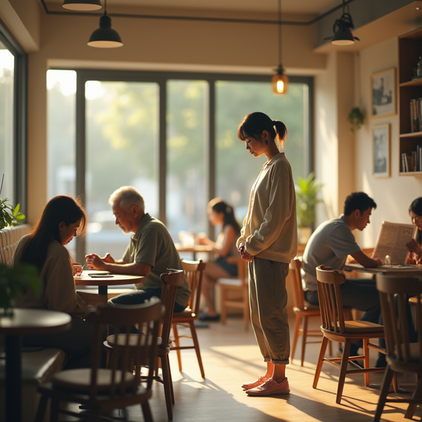 A woman stands in a cafe with natural light streaming through large windows, while other patrons sit at tables nearby.