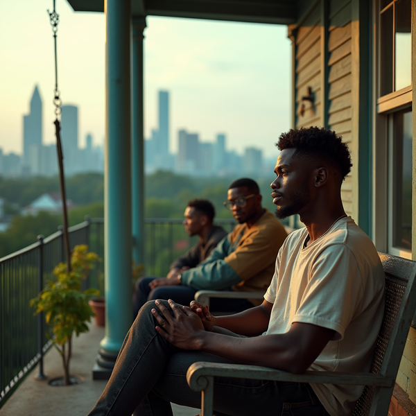 Three men sit on a porch overlooking a city skyline at dusk.