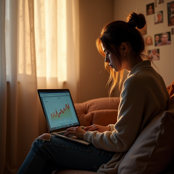 A young woman sits on a couch using a laptop displaying a graph of fluctuating data.