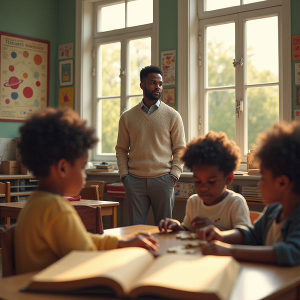 A teacher stands near a table with young students playing with blocks in a classroom.