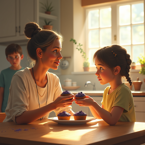 A woman shares a muffin with a young girl at a table bathed in warm sunlight near a window.