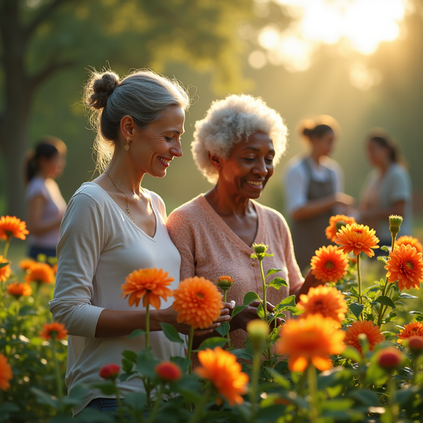 Two women smile while examining vibrant orange flowers in a sunny garden setting.