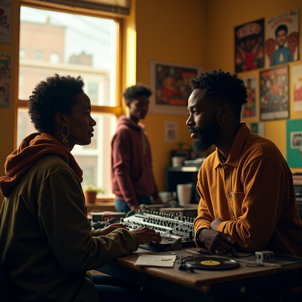 Two young adults sit at a mixing board, focused on each other in a brightly colored room with posters and another person in the background.